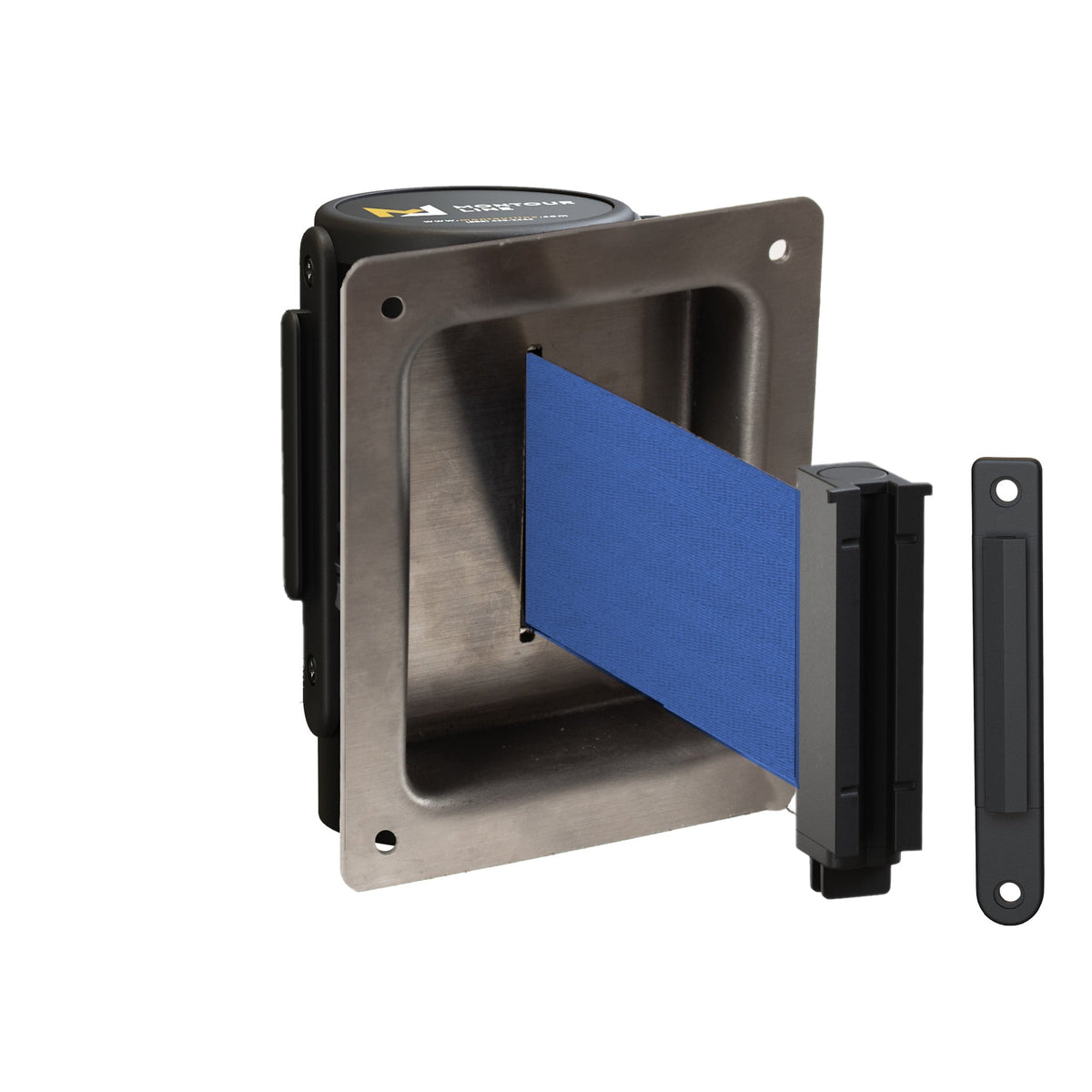 Wall Mounted Retractable Belt Barrier, Recessed Black Steel Metal Case with Standard Belt End, 8.5 ft Belt - Montour Line WM115 - Crowd Control Warehouse