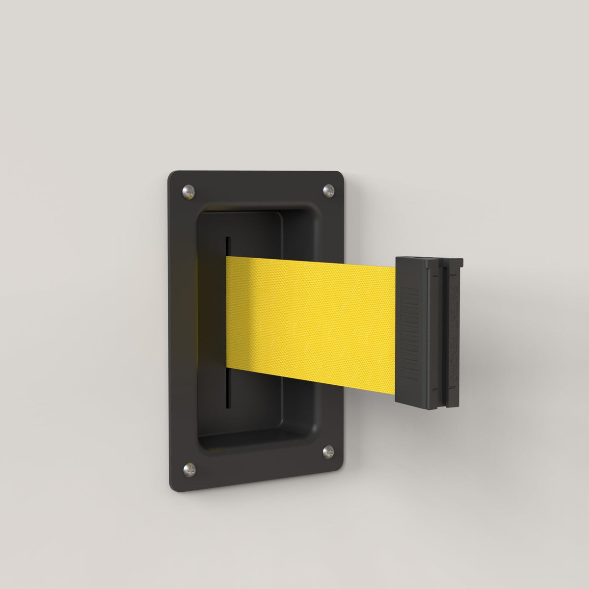 Wall Mounted Retractable Belt Barrier, Recessed Black Steel Metal Case with Standard Belt End, 8.5 ft Belt - Montour Line WM115 - Crowd Control Warehouse