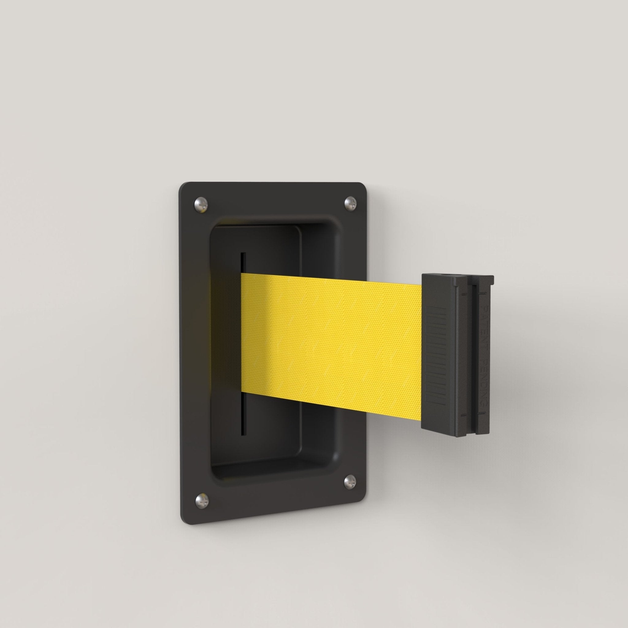 Wall Mounted Retractable Belt Barrier, Recessed Black Steel Metal Case with Standard Belt End, 8.5 ft Belt - Montour Line WM115 - Crowd Control Warehouse