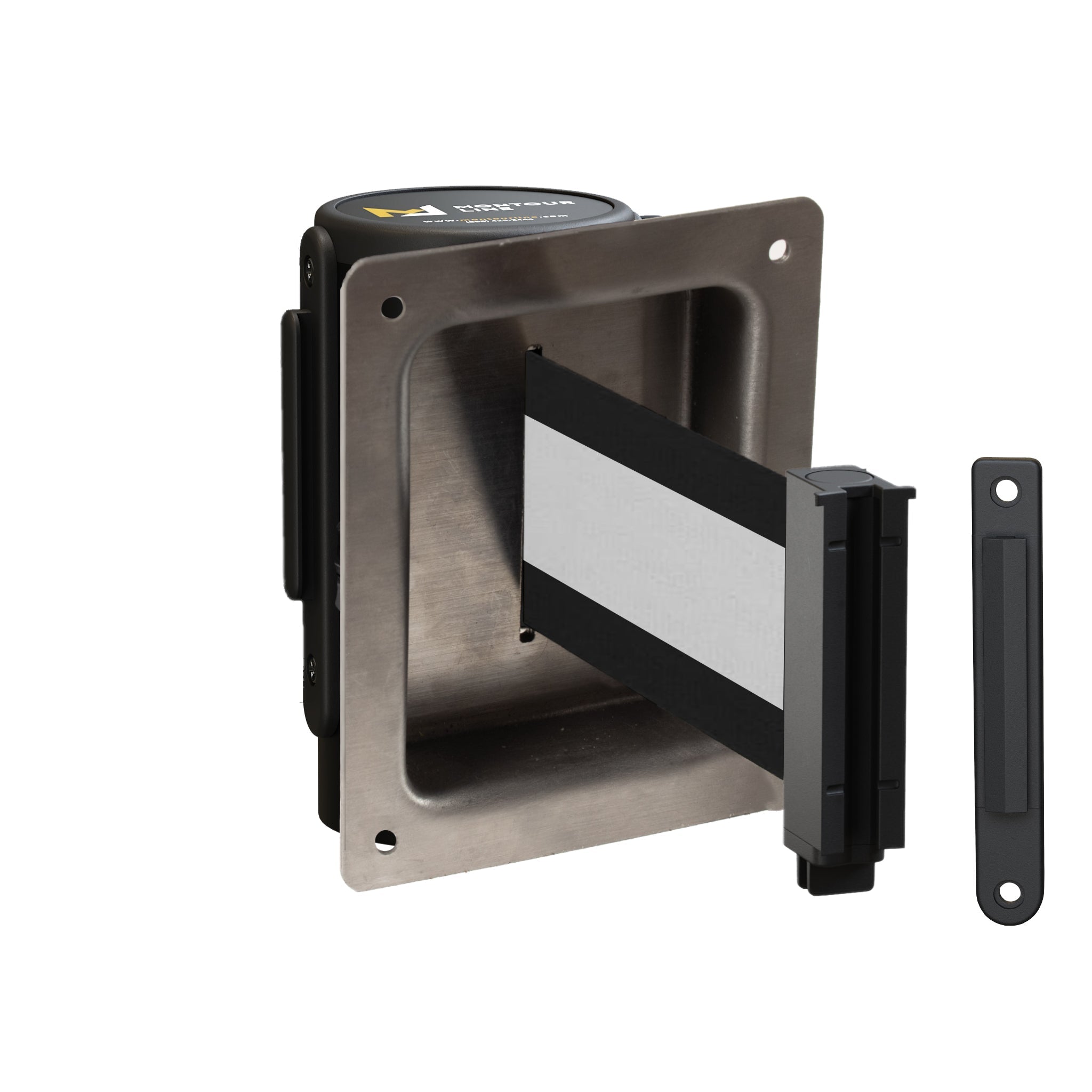 Wall Mounted Retractable Belt Barrier, Recessed Black Steel Metal Case with Standard Belt End, 8.5 ft Belt - Montour Line WM115 - Crowd Control Warehouse