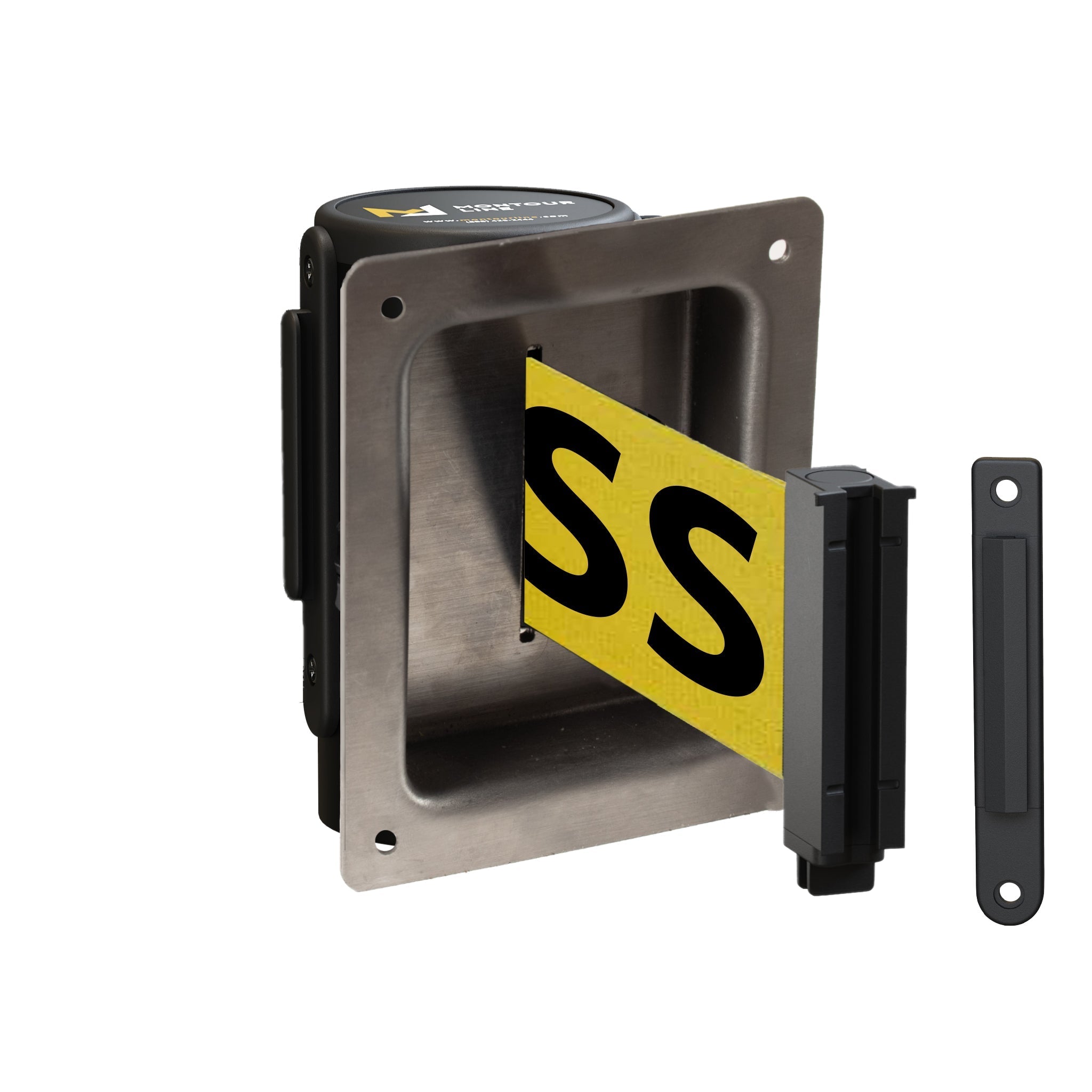 Wall Mounted Retractable Belt Barrier, Recessed Black Steel Metal Case with Standard Belt End, 8.5 ft Belt - Montour Line WM115 - Crowd Control Warehouse