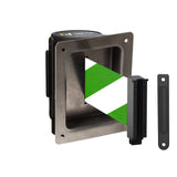 Wall Mounted Retractable Belt Barrier, Recessed Black Steel Metal Case with Standard Belt End, 8.5 ft Belt - Montour Line WM115 - Crowd Control Warehouse