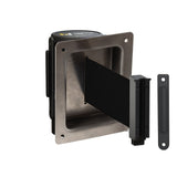 Wall Mounted Retractable Belt Barrier, Recessed Black Steel Metal Case with Standard Belt End, 8.5 ft Belt - Montour Line WM115 - Crowd Control Warehouse