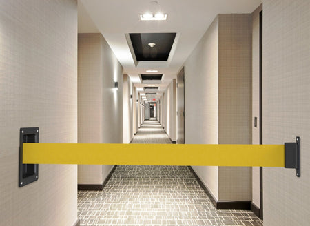 Wall Mounted Retractable Belt Barrier, Recessed Black Steel Metal Case with Standard Belt End, 8.5 ft Belt - Montour Line WM115 - Crowd Control Warehouse