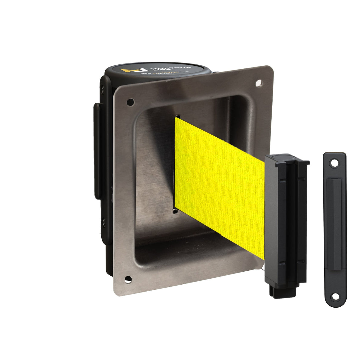 Wall Mounted Retractable Belt Barrier, Recessed Black Steel Metal Case with Standard Belt End, 8.5 ft Belt - Montour Line WM115 - Crowd Control Warehouse