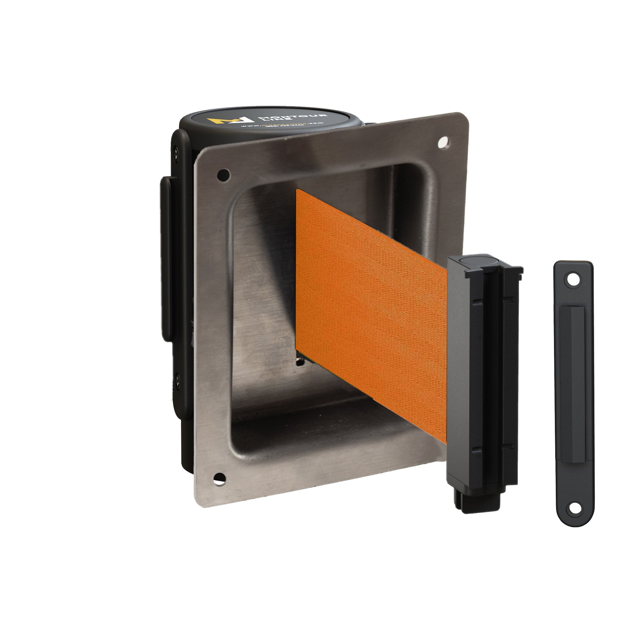 Wall Mounted Retractable Belt Barrier, Recessed Black Steel Metal Case with Standard Belt End, 8.5 ft Belt - Montour Line WM115 - Crowd Control Warehouse