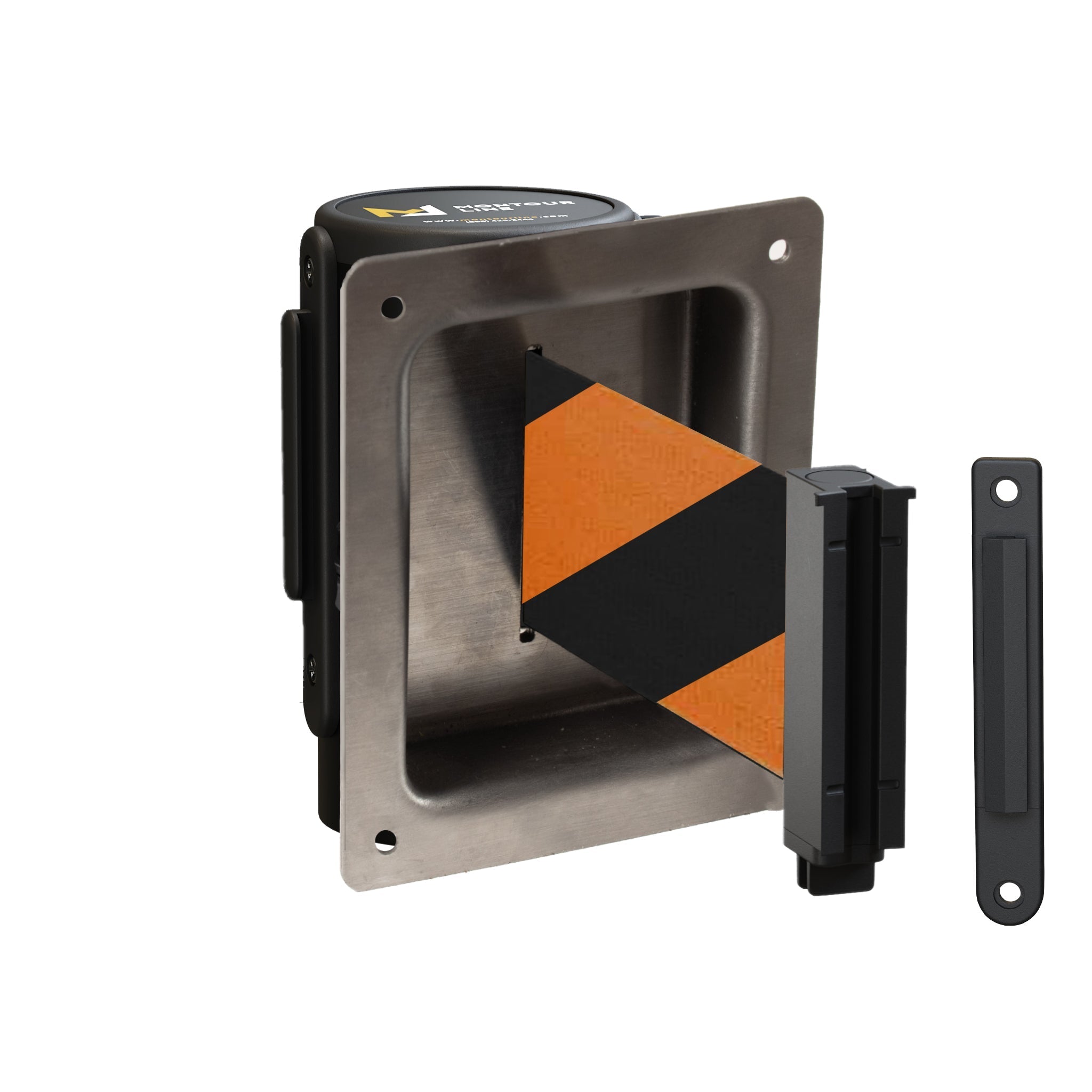 Wall Mounted Retractable Belt Barrier, Recessed Black Steel Metal Case with Standard Belt End, 8.5 ft Belt - Montour Line WM115 - Crowd Control Warehouse