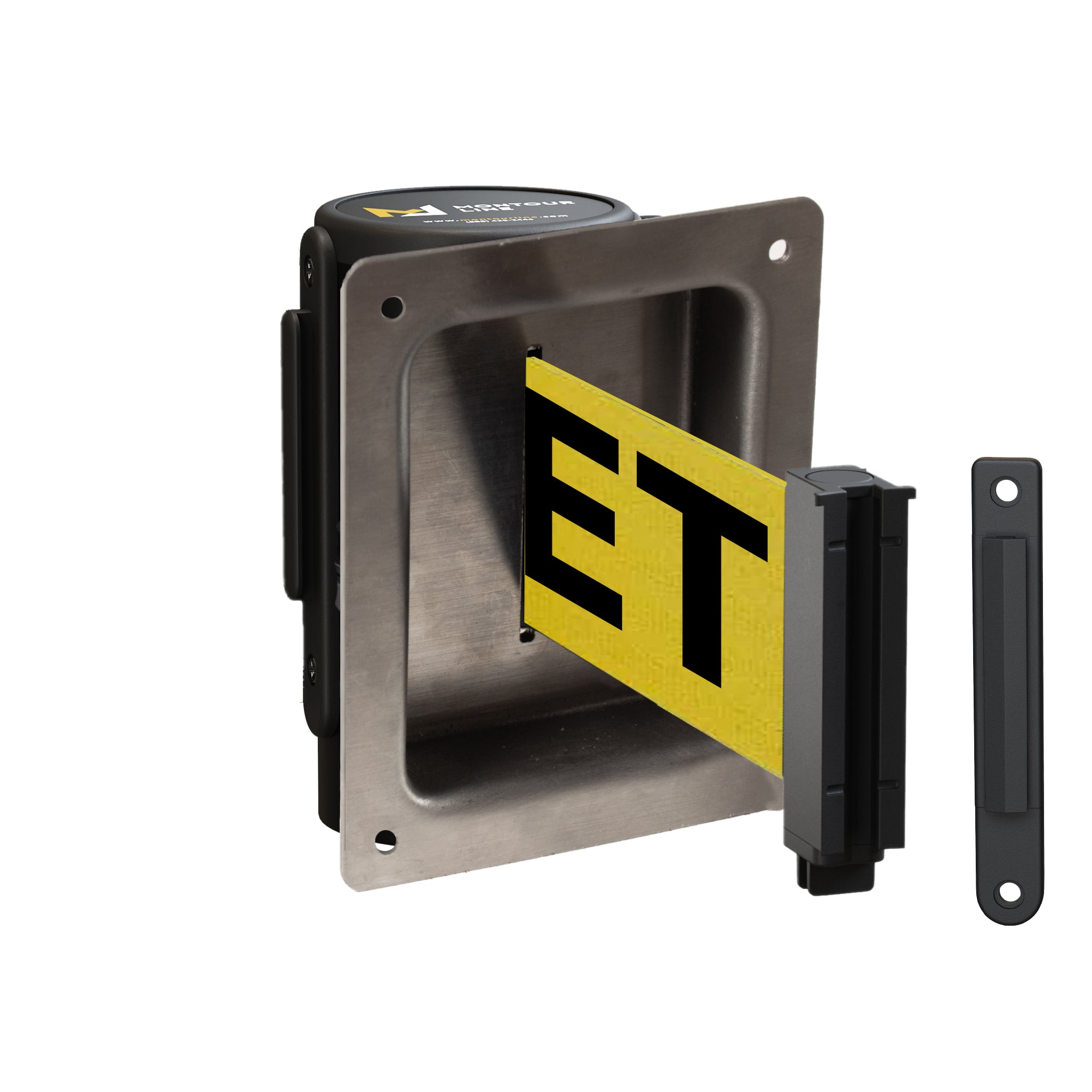 Wall Mounted Retractable Belt Barrier, Recessed Black Steel Metal Case with Standard Belt End, 8.5 ft Belt - Montour Line WM115 - Crowd Control Warehouse