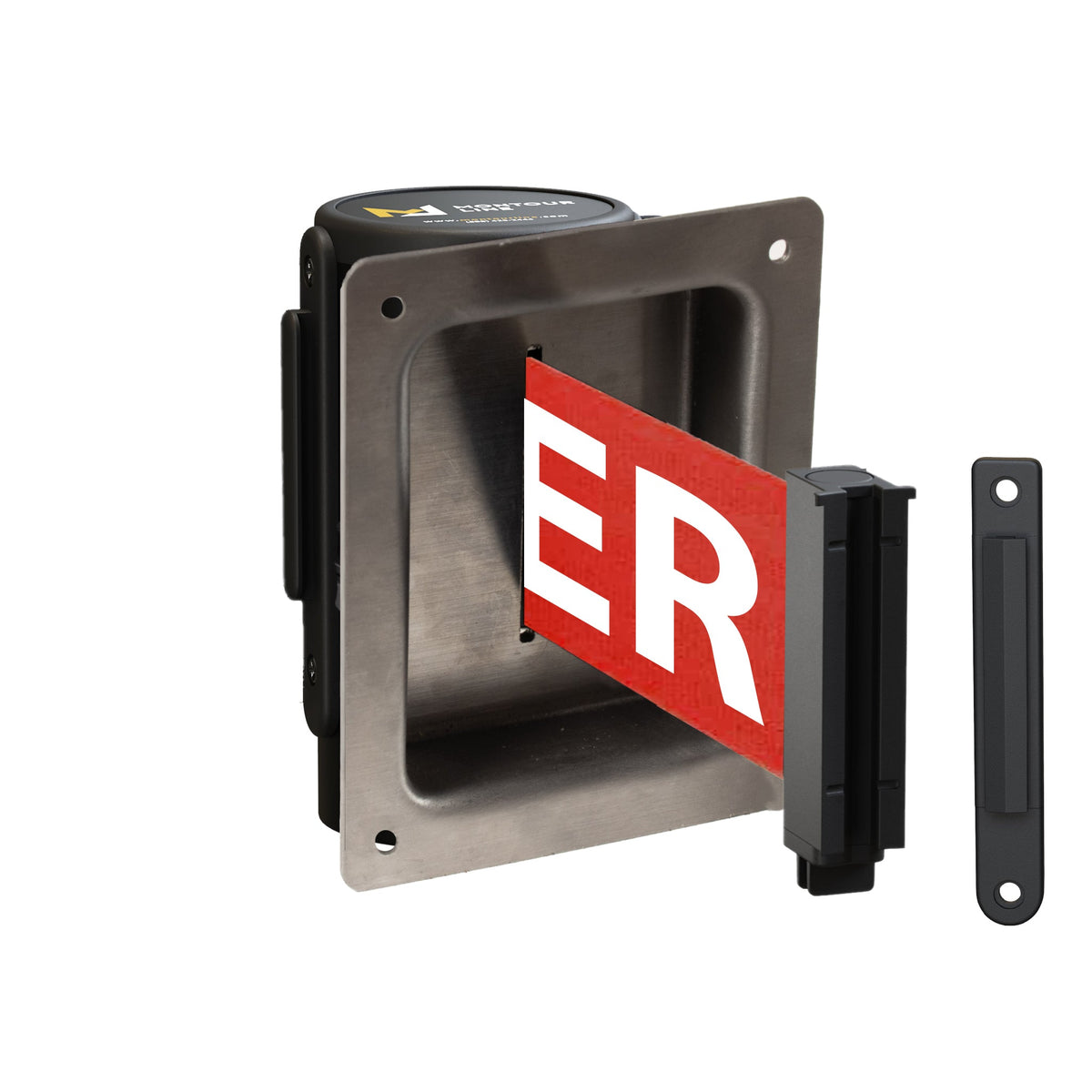 Wall Mounted Retractable Belt Barrier, Recessed Black Steel Metal Case with Standard Belt End, 8.5 ft Belt - Montour Line WM115 - Crowd Control Warehouse