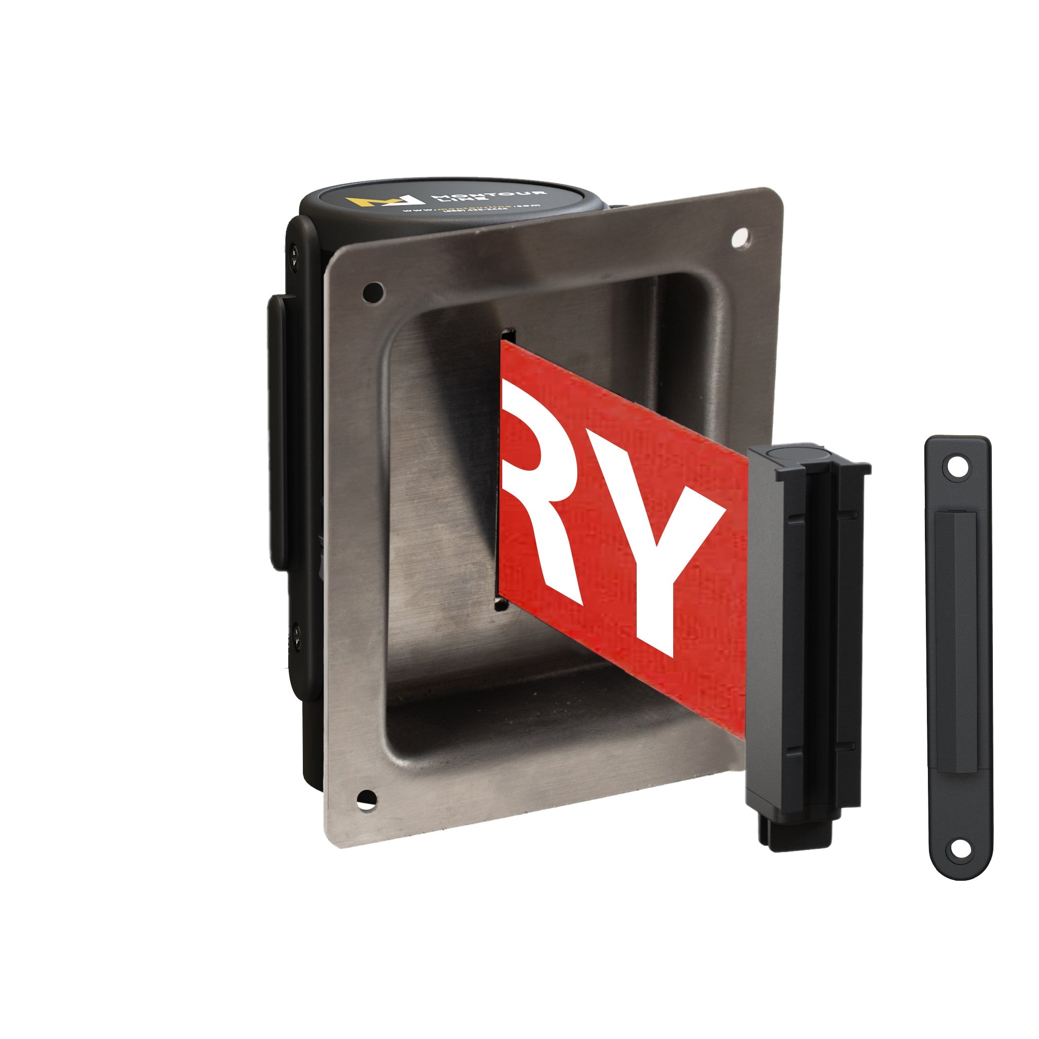 Wall Mounted Retractable Belt Barrier, Recessed Black Steel Metal Case with Standard Belt End, 8.5 ft Belt - Montour Line WM115 - Crowd Control Warehouse