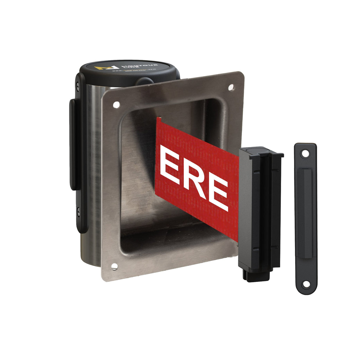 Wall Mounted Retractable Belt Barrier, Recessed Polished Stainless Steel Metal Case with Standard Belt End, 11 ft Belt - Montour Line WM115 - Crowd Control Warehouse