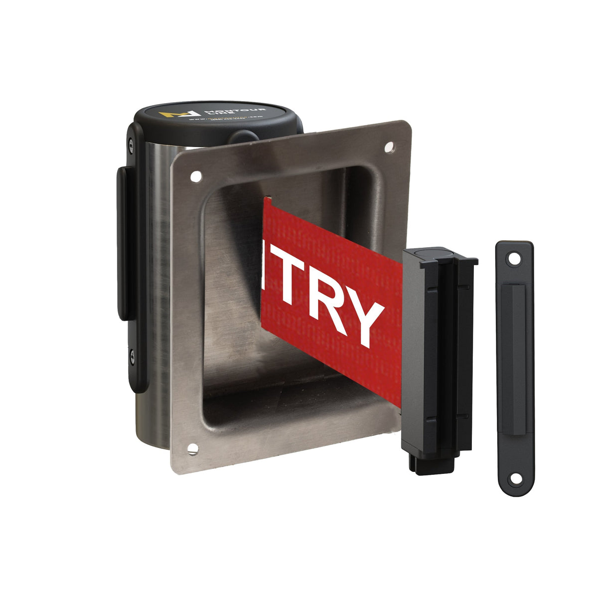 Wall Mounted Retractable Belt Barrier, Recessed Polished Stainless Steel Metal Case with Standard Belt End, 11 ft Belt - Montour Line WM115 - Crowd Control Warehouse