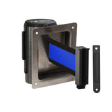 Wall Mounted Retractable Belt Barrier, Recessed Polished Stainless Steel Metal Case with Standard Belt End, 11 ft Belt - Montour Line WM115 - Crowd Control Warehouse