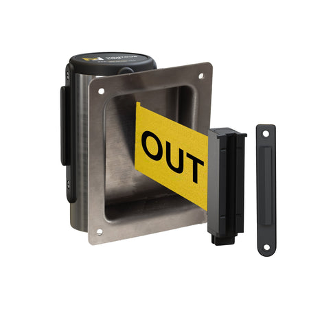 Wall Mounted Retractable Belt Barrier, Recessed Polished Stainless Steel Metal Case with Standard Belt End, 11 ft Belt - Montour Line WM115 - Crowd Control Warehouse