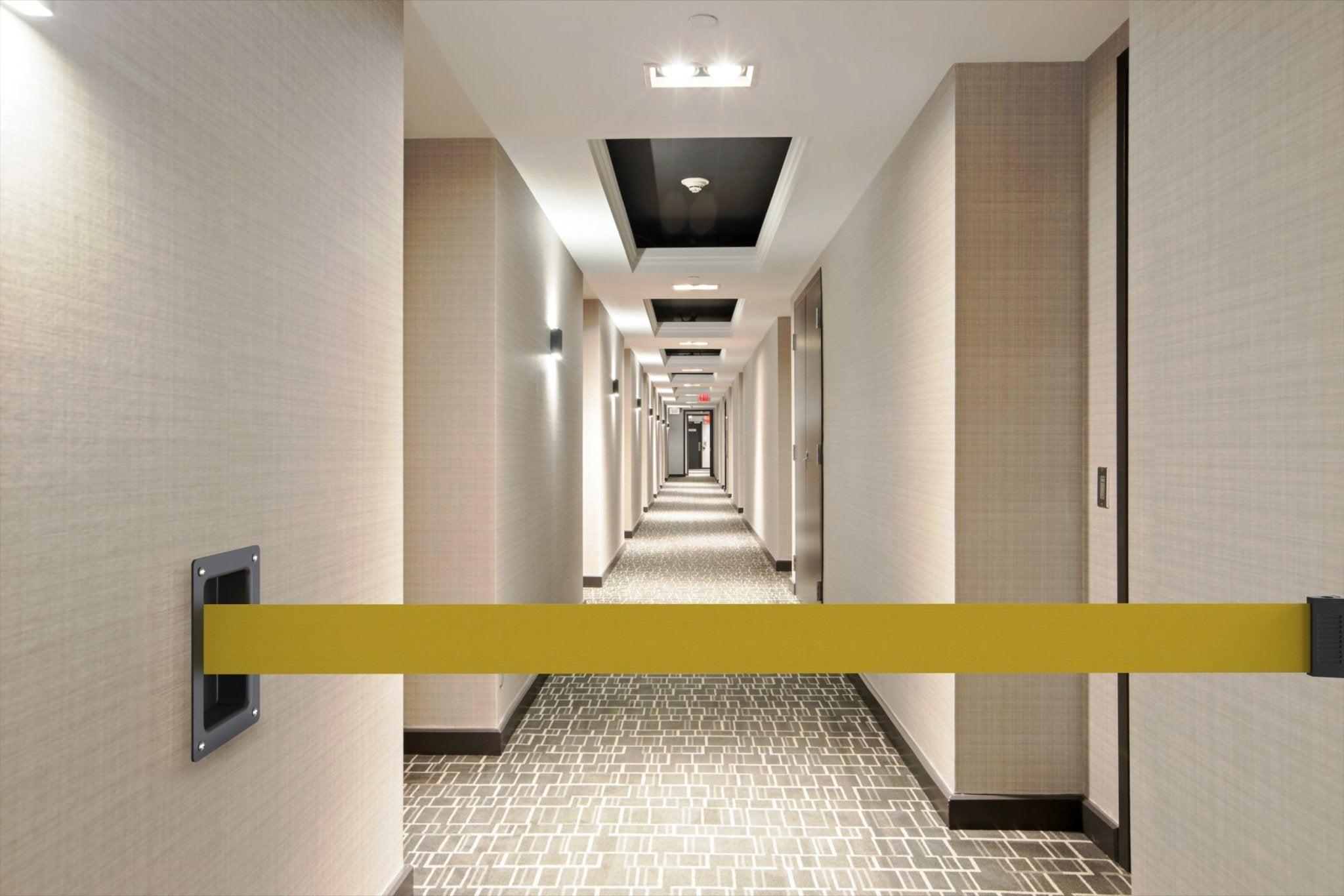 Wall Mounted Retractable Belt Barrier, Recessed Polished Stainless Steel Metal Case with Standard Belt End, 11 ft Belt - Montour Line WM115 - Crowd Control Warehouse