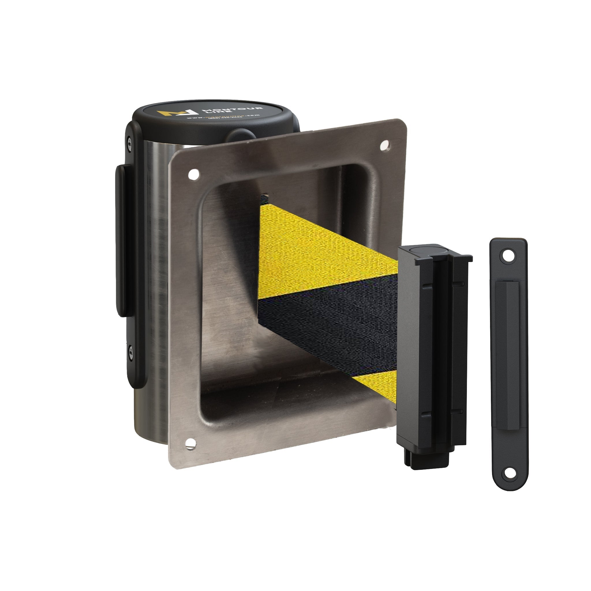 Wall Mounted Retractable Belt Barrier, Recessed Polished Stainless Steel Metal Case with Standard Belt End, 11 ft Belt - Montour Line WM115 - Crowd Control Warehouse