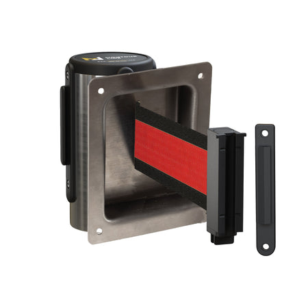 Wall Mounted Retractable Belt Barrier, Recessed Polished Stainless Steel Metal Case with Standard Belt End, 11 ft Belt - Montour Line WM115 - Crowd Control Warehouse