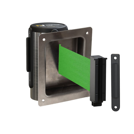 Wall Mounted Retractable Belt Barrier, Recessed Polished Stainless Steel Metal Case with Standard Belt End, 11 ft Belt - Montour Line WM115 - Crowd Control Warehouse