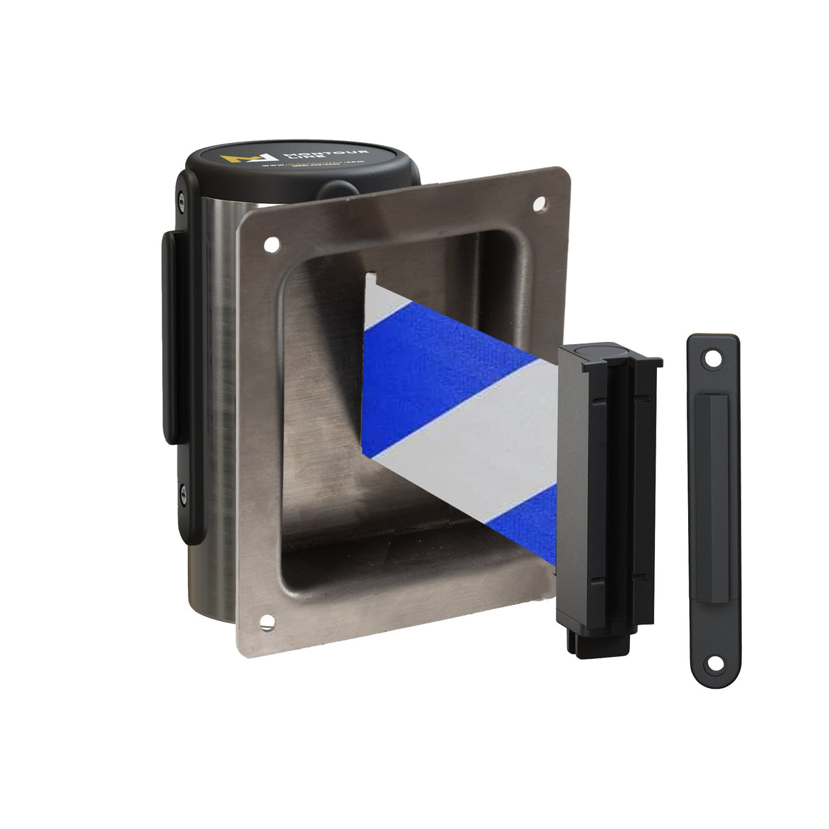 Wall Mounted Retractable Belt Barrier, Recessed Polished Stainless Steel Metal Case with Standard Belt End, 11 ft Belt - Montour Line WM115 - Crowd Control Warehouse