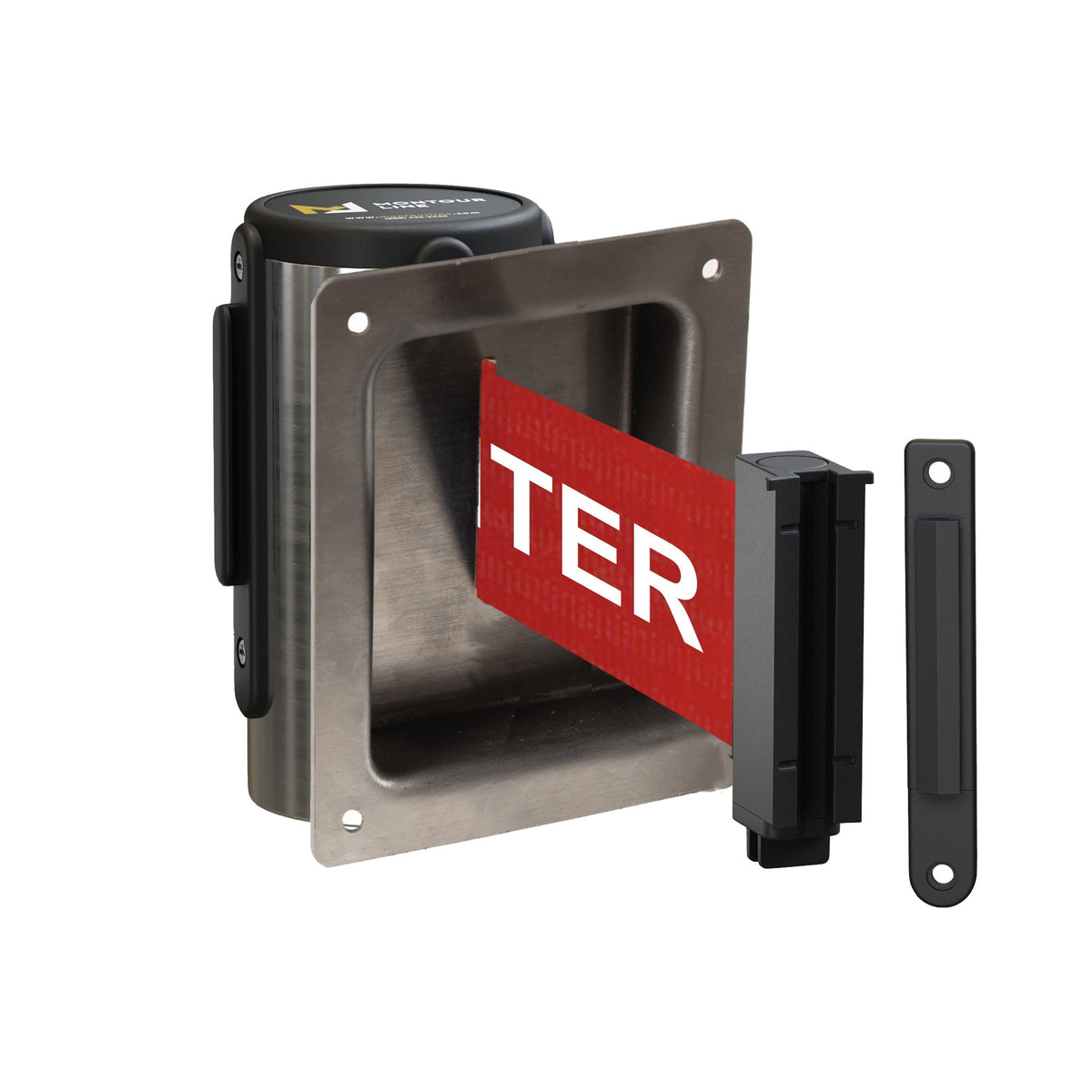 Wall Mounted Retractable Belt Barrier, Recessed Polished Stainless Steel Metal Case with Standard Belt End, 11 ft Belt - Montour Line WM115 - Crowd Control Warehouse