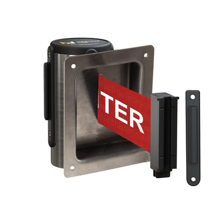 Wall Mounted Retractable Belt Barrier, Recessed Polished Stainless Steel Metal Case with Standard Belt End, 11 ft Belt - Montour Line WM115 - Crowd Control Warehouse