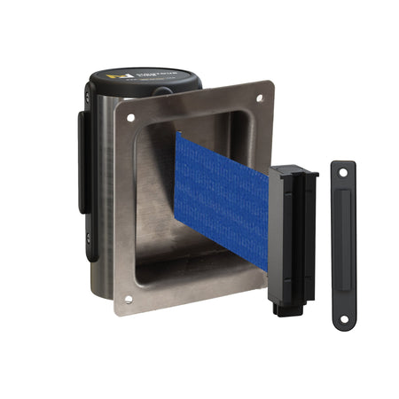 Wall Mounted Retractable Belt Barrier, Recessed Polished Stainless Steel Metal Case with Standard Belt End, 11 ft Belt - Montour Line WM115 - Crowd Control Warehouse