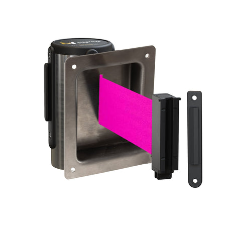 Wall Mounted Retractable Belt Barrier, Recessed Polished Stainless Steel Metal Case with Standard Belt End, 11 ft Belt - Montour Line WM115 - Crowd Control Warehouse