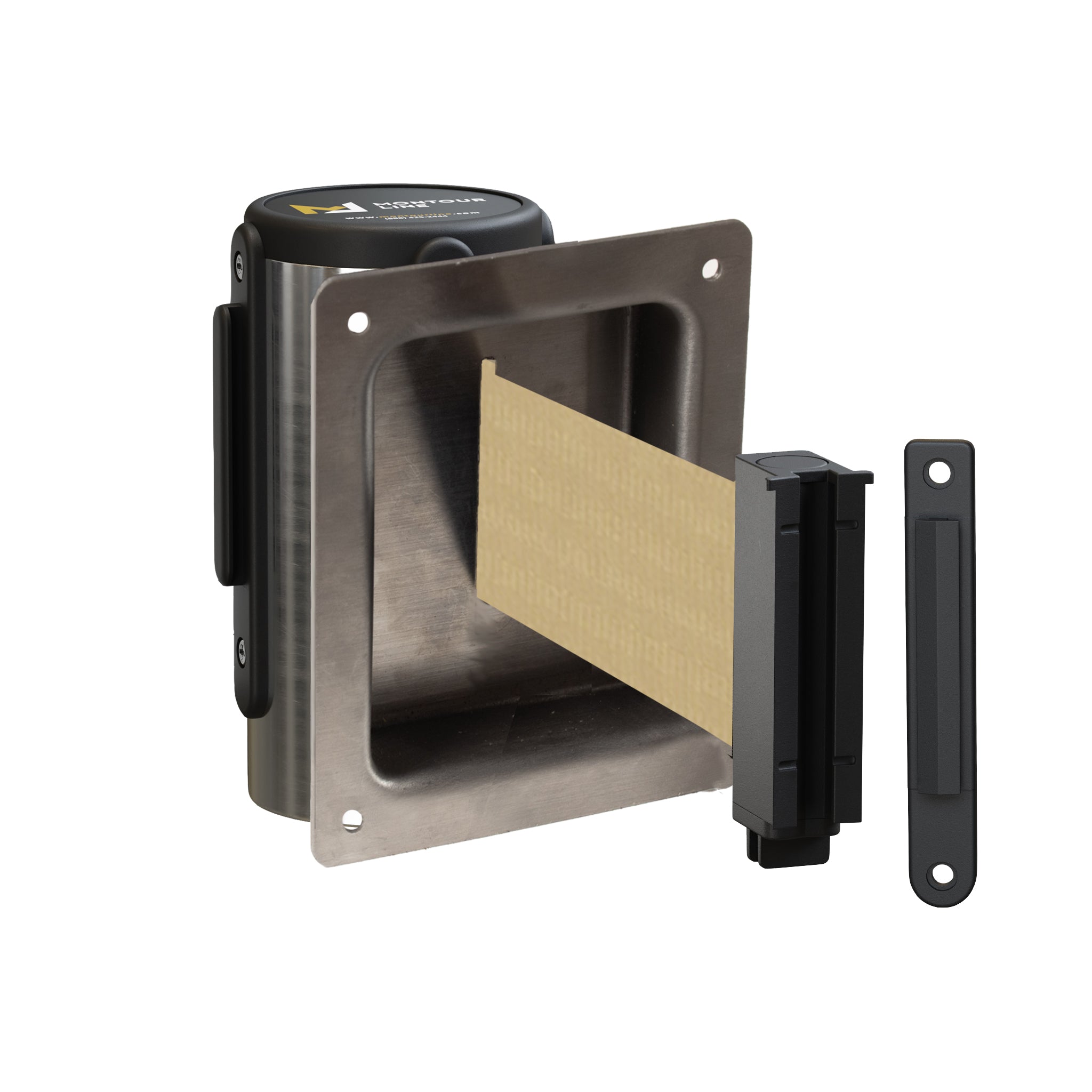 Wall Mounted Retractable Belt Barrier, Recessed Polished Stainless Steel Metal Case with Standard Belt End, 11 ft Belt - Montour Line WM115 - Crowd Control Warehouse