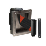 Wall Mounted Retractable Belt Barrier, Recessed Polished Stainless Steel Metal Case with Standard Belt End, 11 ft Belt - Montour Line WM115 - Crowd Control Warehouse