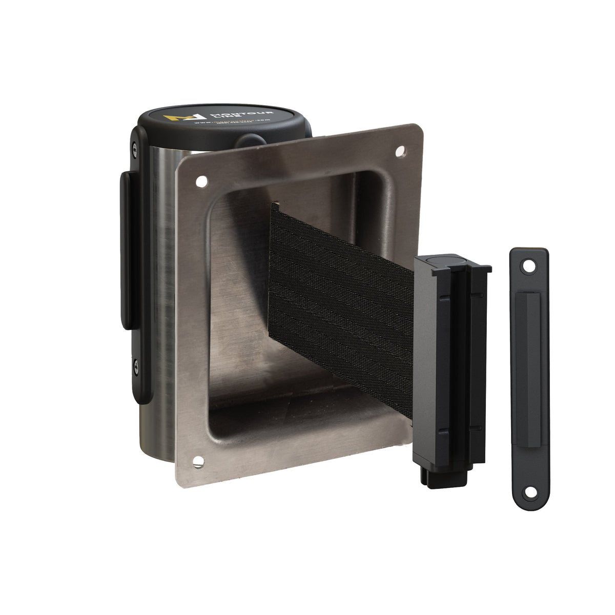 Wall Mounted Retractable Belt Barrier, Recessed Polished Stainless Steel Metal Case with Standard Belt End, 11 ft Belt - Montour Line WM115 - Crowd Control Warehouse