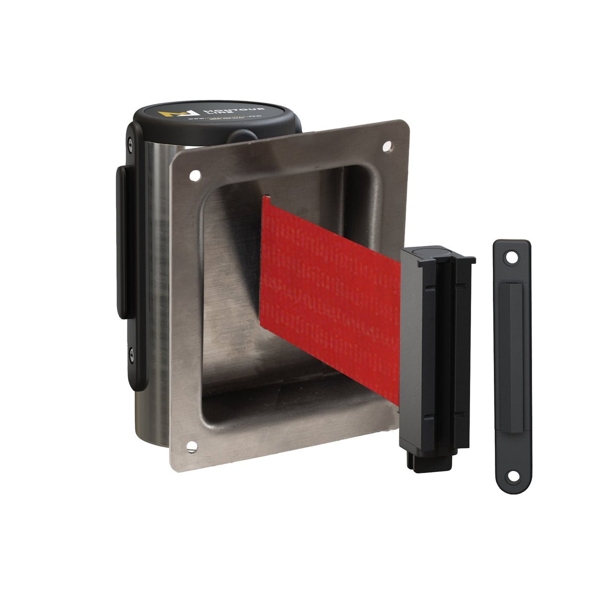 Wall Mounted Retractable Belt Barrier, Recessed Polished Stainless Steel Metal Case with Standard Belt End, 11 ft Belt - Montour Line WM115 - Crowd Control Warehouse