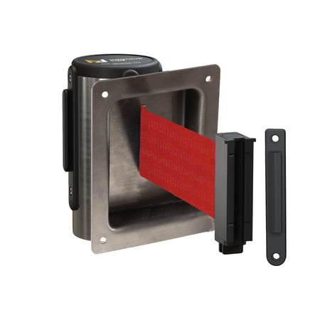 Wall Mounted Retractable Belt Barrier, Recessed Polished Stainless Steel Metal Case with Standard Belt End, 11 ft Belt - Montour Line WM115 - Crowd Control Warehouse