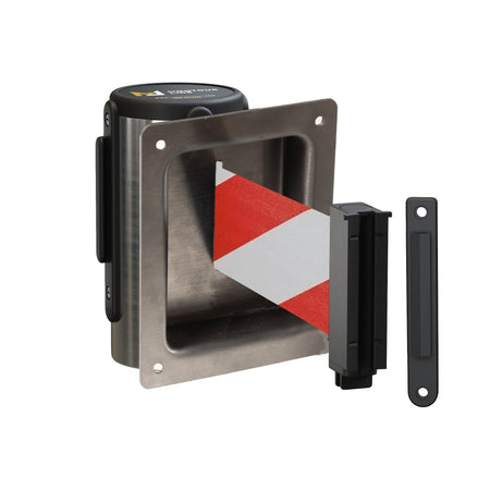 Wall Mounted Retractable Belt Barrier, Recessed Polished Stainless Steel Metal Case with Standard Belt End, 11 ft Belt - Montour Line WM115 - Crowd Control Warehouse