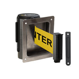 Wall Mounted Retractable Belt Barrier, Recessed Polished Stainless Steel Metal Case with Standard Belt End, 11 ft Belt - Montour Line WM115 - Crowd Control Warehouse