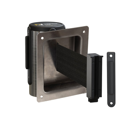 Wall Mounted Retractable Belt Barrier, Recessed Polished Stainless Steel Metal Case with Standard Belt End, 13 ft Belt - Montour Line WM115 - Crowd Control Warehouse