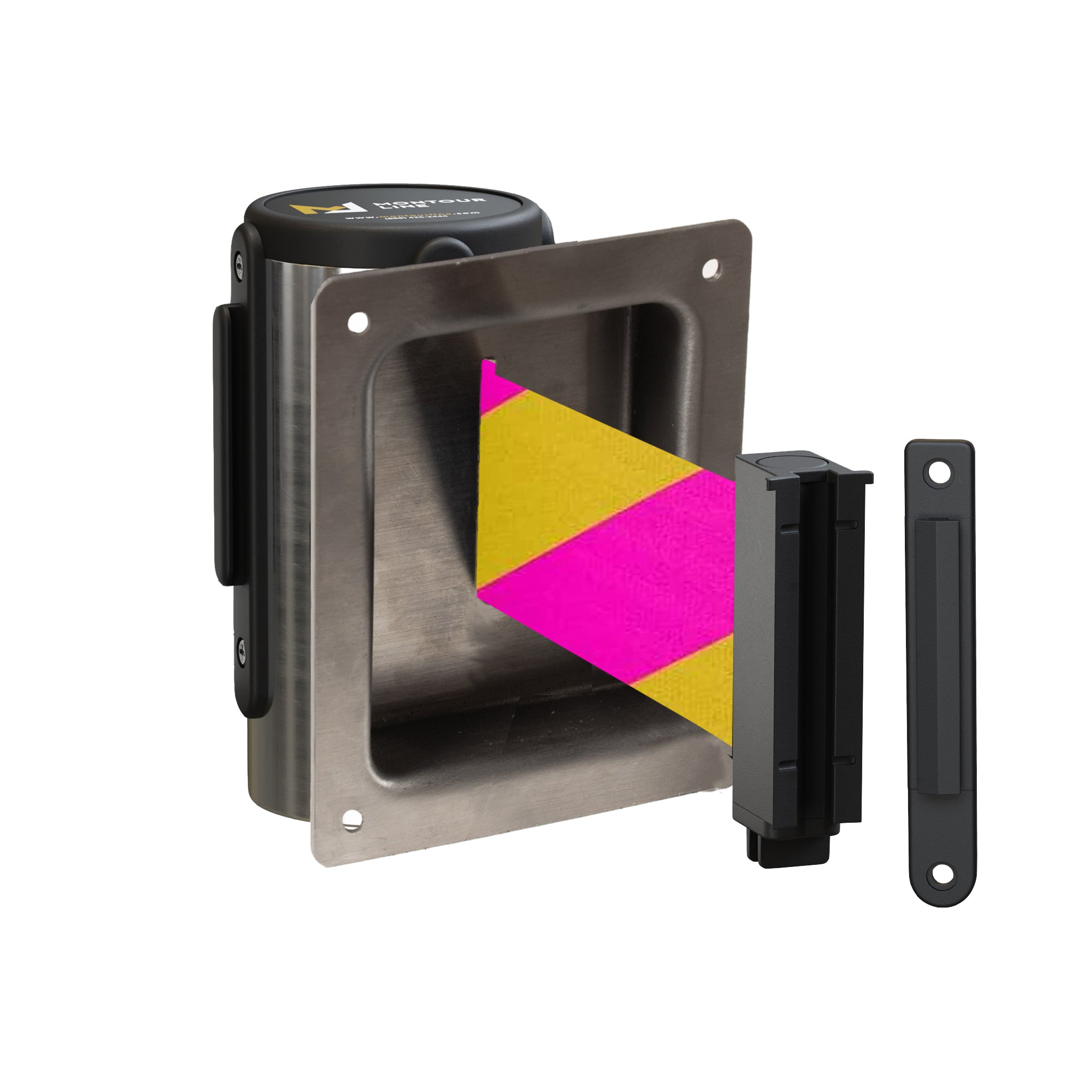 Wall Mounted Retractable Belt Barrier, Recessed Polished Stainless Steel Metal Case with Standard Belt End, 13 ft Belt - Montour Line WM115 - Crowd Control Warehouse