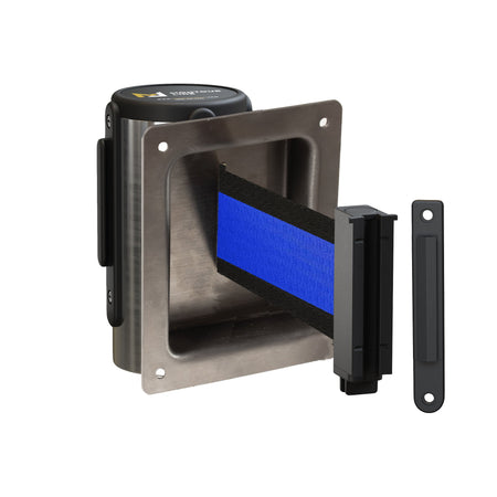 Wall Mounted Retractable Belt Barrier, Recessed Polished Stainless Steel Metal Case with Standard Belt End, 13 ft Belt - Montour Line WM115 - Crowd Control Warehouse