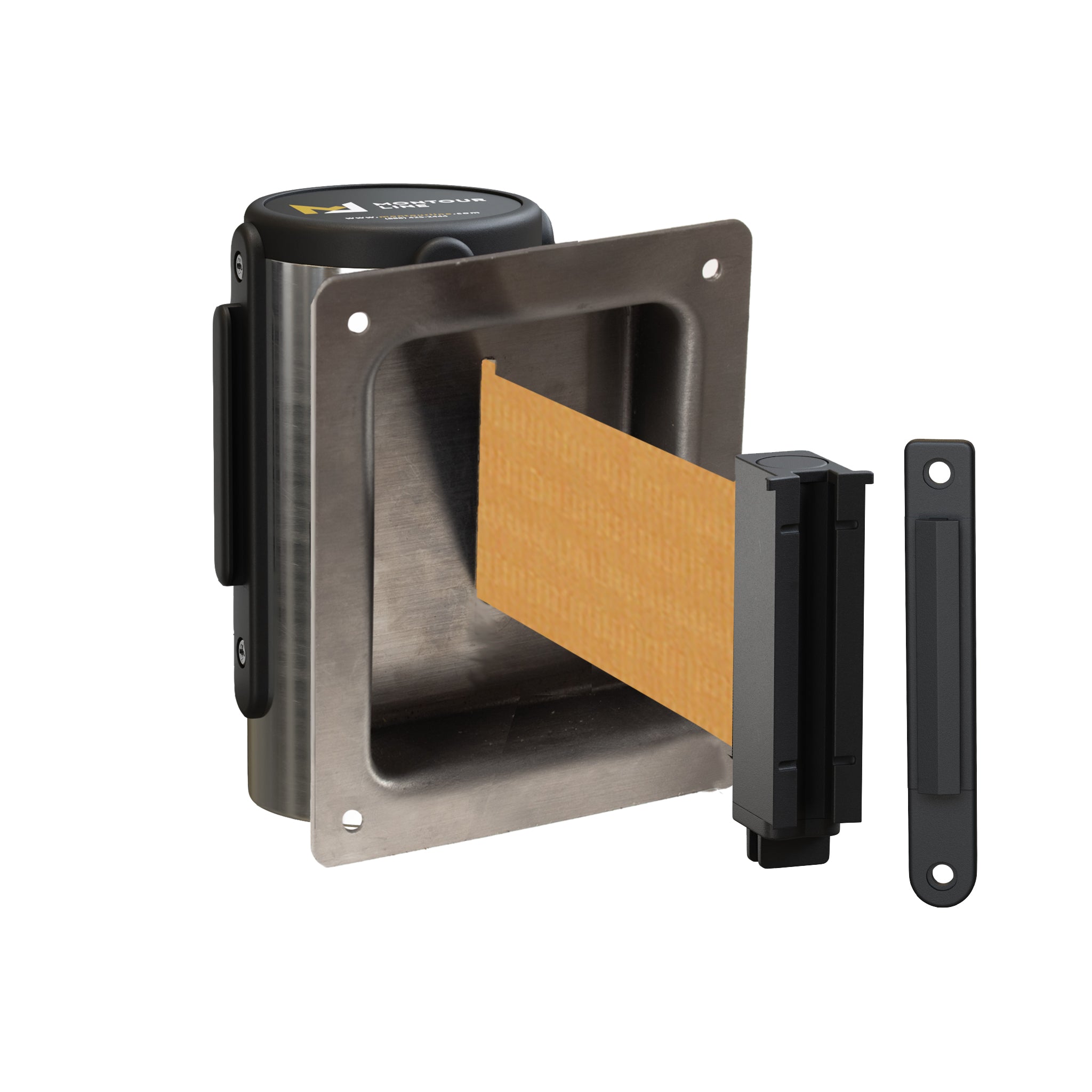 Wall Mounted Retractable Belt Barrier, Recessed Polished Stainless Steel Metal Case with Standard Belt End, 13 ft Belt - Montour Line WM115 - Crowd Control Warehouse