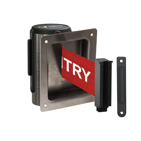 Wall Mounted Retractable Belt Barrier, Recessed Polished Stainless Steel Metal Case with Standard Belt End, 13 ft Belt - Montour Line WM115 - Crowd Control Warehouse