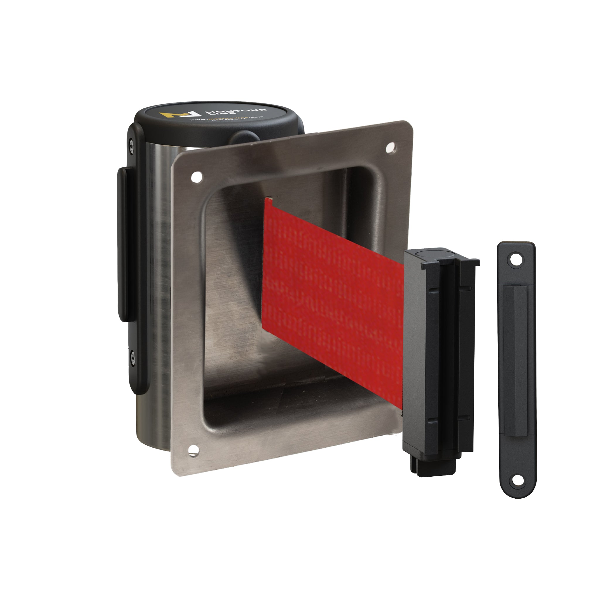 Wall Mounted Retractable Belt Barrier, Recessed Polished Stainless Steel Metal Case with Standard Belt End, 13 ft Belt - Montour Line WM115 - Crowd Control Warehouse