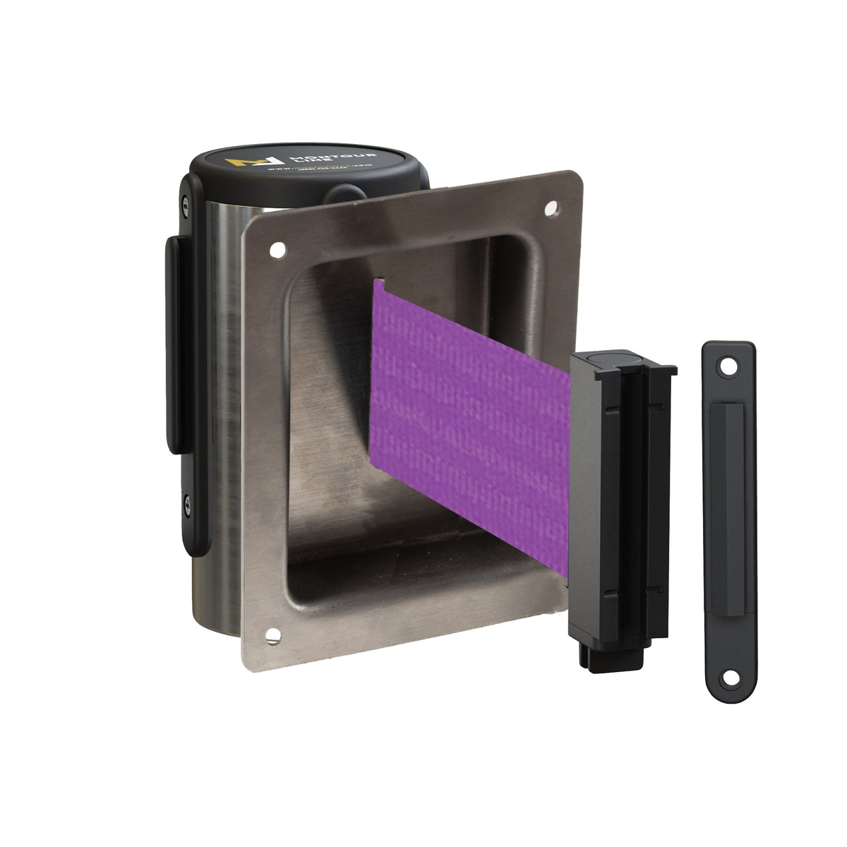 Wall Mounted Retractable Belt Barrier, Recessed Polished Stainless Steel Metal Case with Standard Belt End, 13 ft Belt - Montour Line WM115 - Crowd Control Warehouse