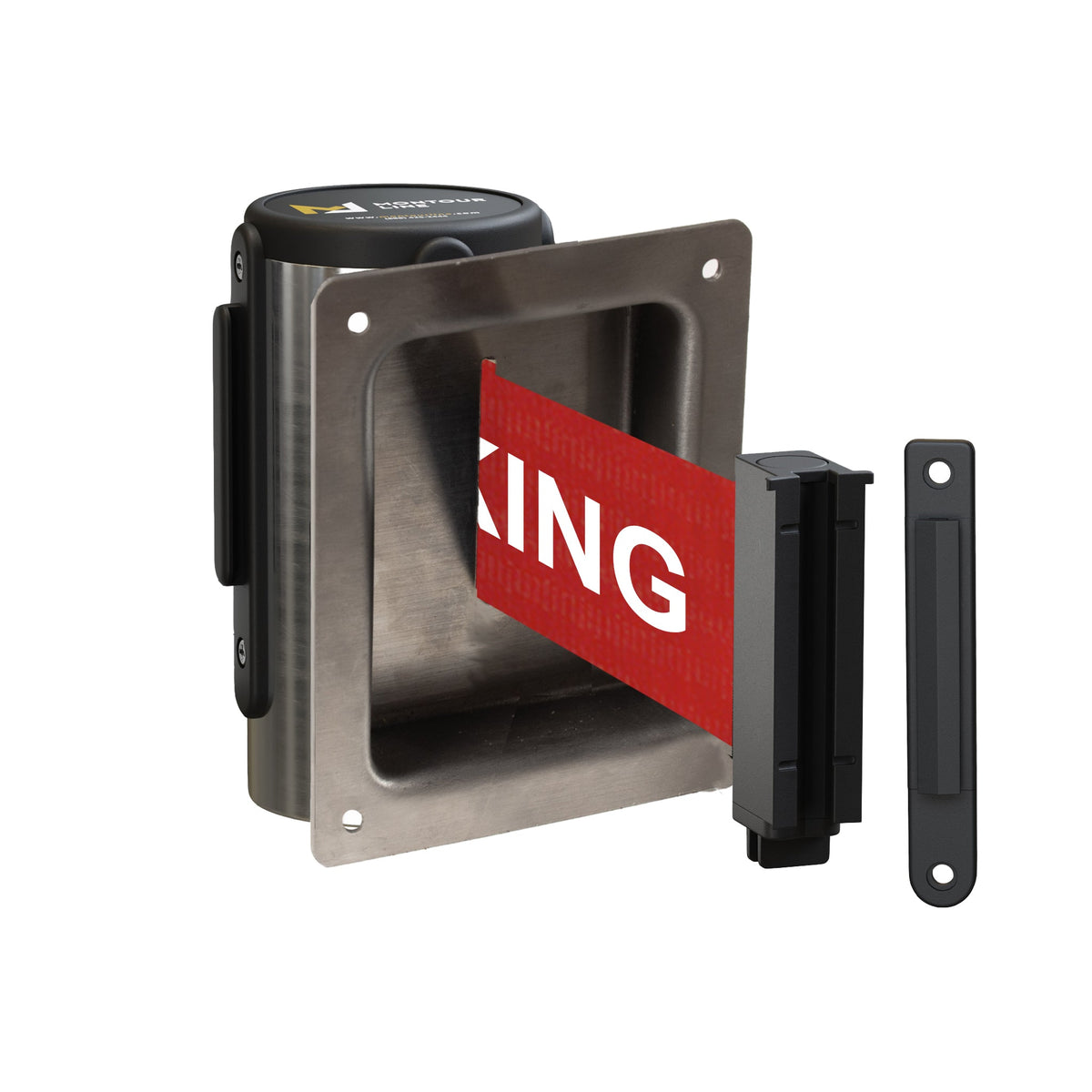 Wall Mounted Retractable Belt Barrier, Recessed Polished Stainless Steel Metal Case with Standard Belt End, 13 ft Belt - Montour Line WM115 - Crowd Control Warehouse