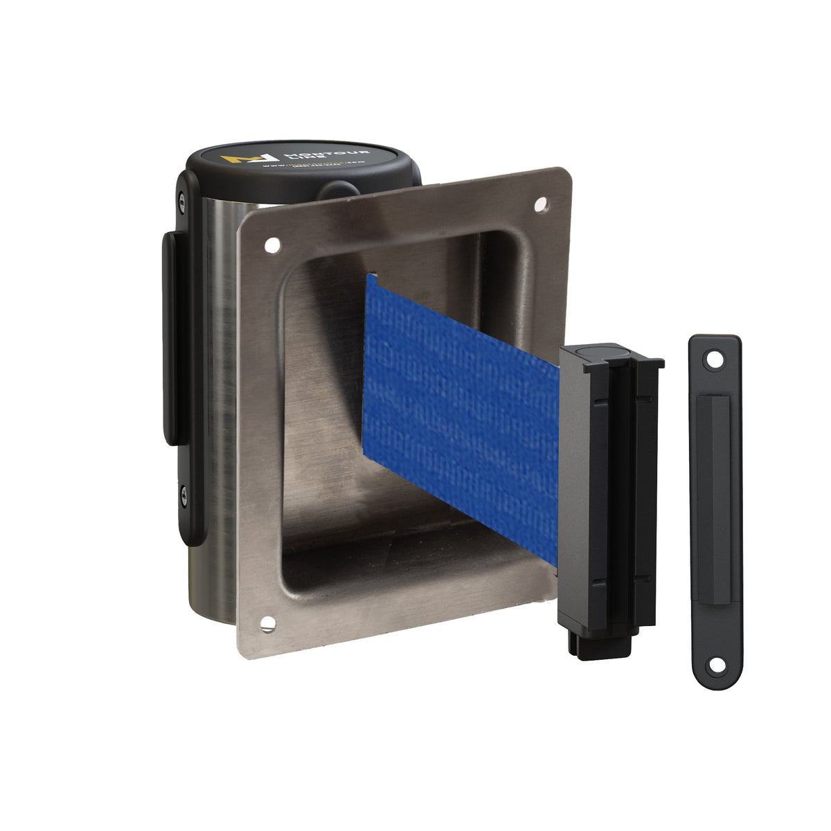 Wall Mounted Retractable Belt Barrier, Recessed Polished Stainless Steel Metal Case with Standard Belt End, 13 ft Belt - Montour Line WM115 - Crowd Control Warehouse