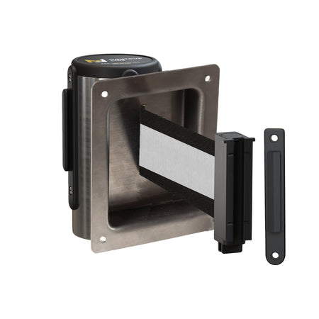 Wall Mounted Retractable Belt Barrier, Recessed Polished Stainless Steel Metal Case with Standard Belt End, 13 ft Belt - Montour Line WM115 - Crowd Control Warehouse