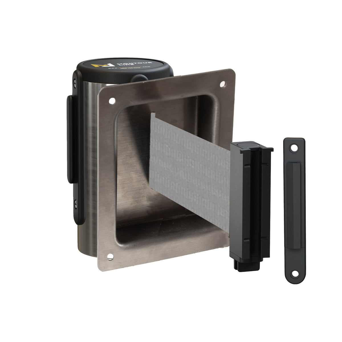 Wall Mounted Retractable Belt Barrier, Recessed Polished Stainless Steel Metal Case with Standard Belt End, 13 ft Belt - Montour Line WM115 - Crowd Control Warehouse