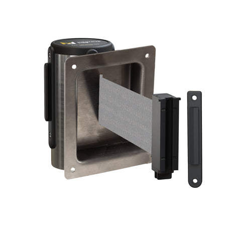 Wall Mounted Retractable Belt Barrier, Recessed Polished Stainless Steel Metal Case with Standard Belt End, 13 ft Belt - Montour Line WM115 - Crowd Control Warehouse