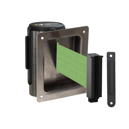 Wall Mounted Retractable Belt Barrier, Recessed Polished Stainless Steel Metal Case with Standard Belt End, 13 ft Belt - Montour Line WM115 - Crowd Control Warehouse