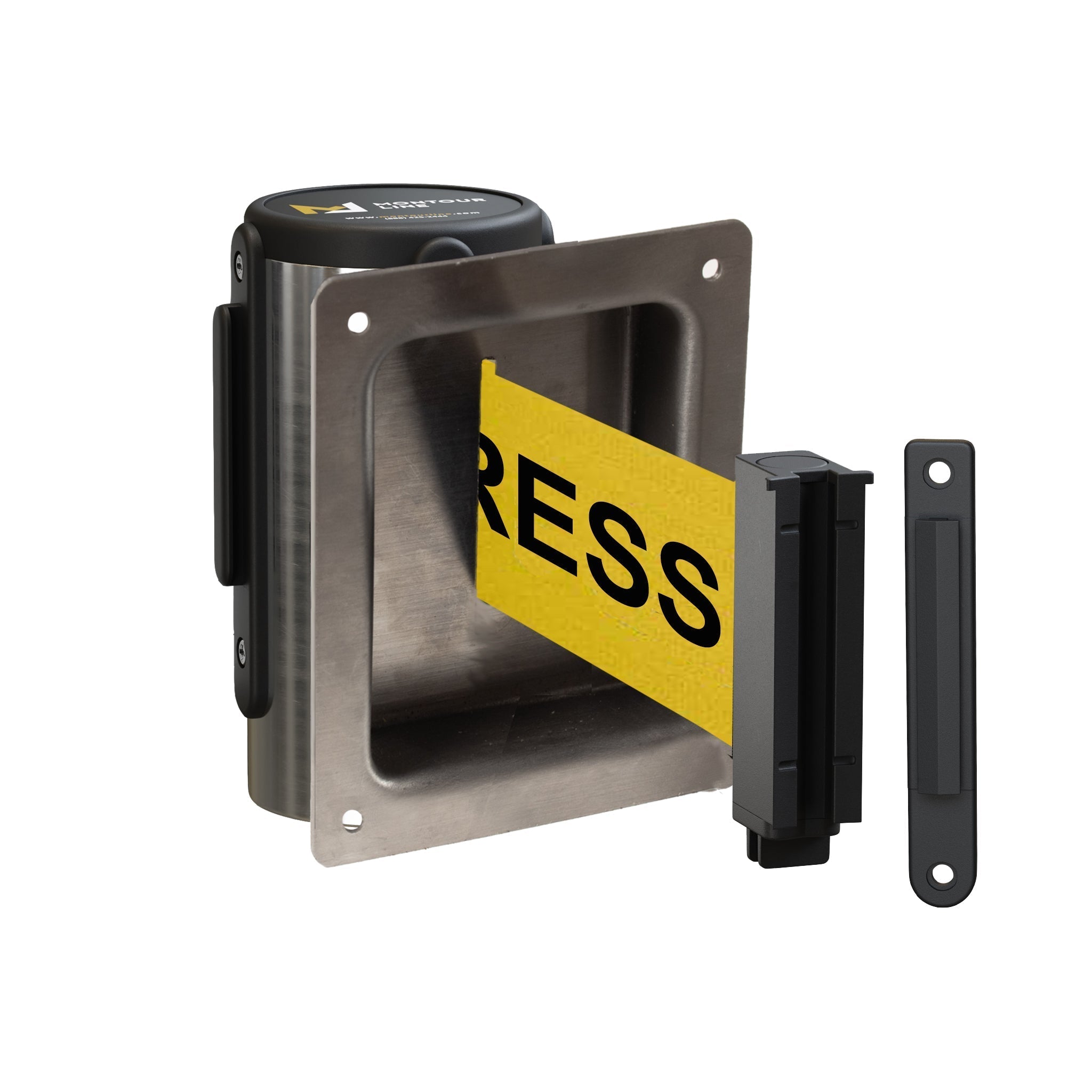 Wall Mounted Retractable Belt Barrier, Recessed Polished Stainless Steel Metal Case with Standard Belt End, 13 ft Belt - Montour Line WM115 - Crowd Control Warehouse