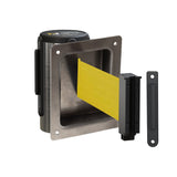 Wall Mounted Retractable Belt Barrier, Recessed Polished Stainless Steel Metal Case with Standard Belt End, 13 ft Belt - Montour Line WM115 - Crowd Control Warehouse