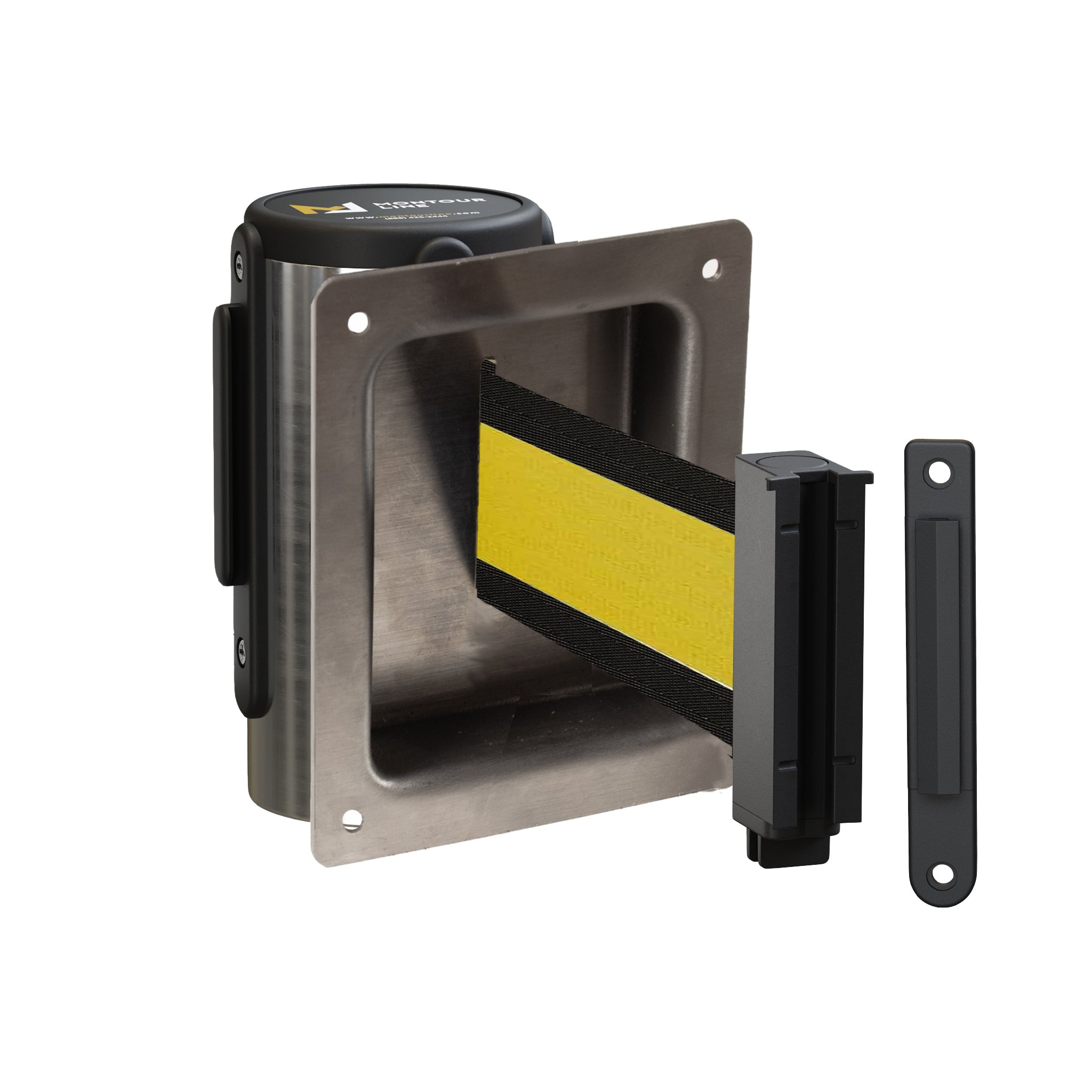 Wall Mounted Retractable Belt Barrier, Recessed Polished Stainless Steel Metal Case with Standard Belt End, 13 ft Belt - Montour Line WM115 - Crowd Control Warehouse